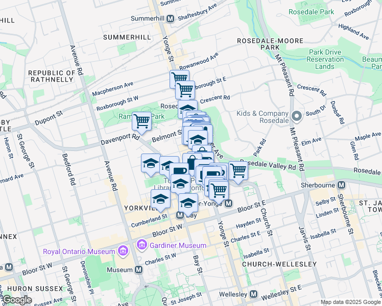 map of restaurants, bars, coffee shops, grocery stores, and more near 920 Yonge Street in Toronto