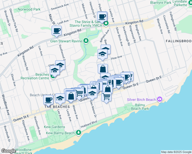 map of restaurants, bars, coffee shops, grocery stores, and more near 25 Pine Crescent in Toronto
