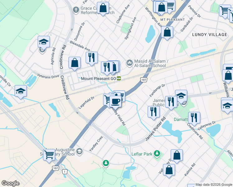 map of restaurants, bars, coffee shops, grocery stores, and more near 40 Lagerfeld Drive in Brampton