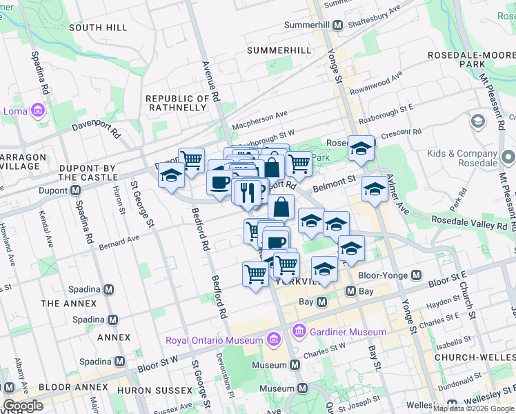 map of restaurants, bars, coffee shops, grocery stores, and more near 151 Avenue Road in Toronto