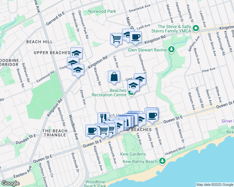 map of restaurants, bars, coffee shops, grocery stores, and more near 112 Wheeler Avenue in Toronto