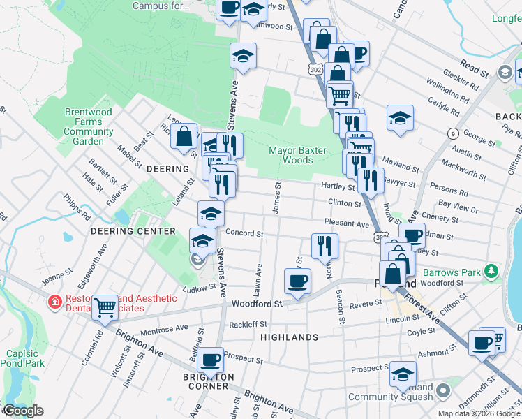 map of restaurants, bars, coffee shops, grocery stores, and more near 147 Pleasant Avenue in Portland