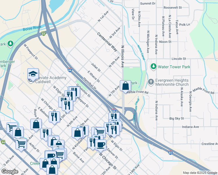 map of restaurants, bars, coffee shops, grocery stores, and more near 609 East Ithaca Street in Caldwell