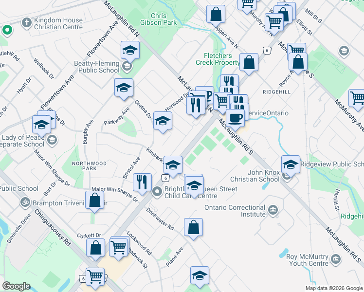 map of restaurants, bars, coffee shops, grocery stores, and more near 66 Kingsmere Crescent in Brampton
