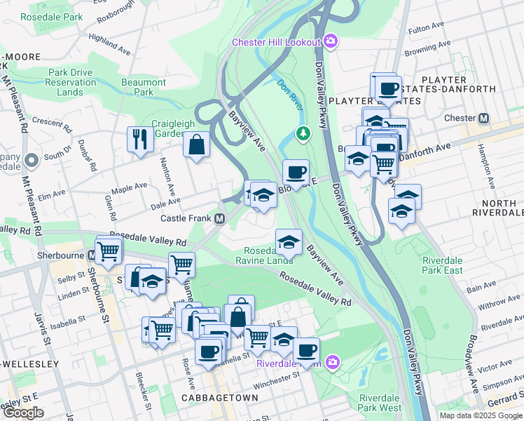 map of restaurants, bars, coffee shops, grocery stores, and more near 711 Bloor Street East in Toronto