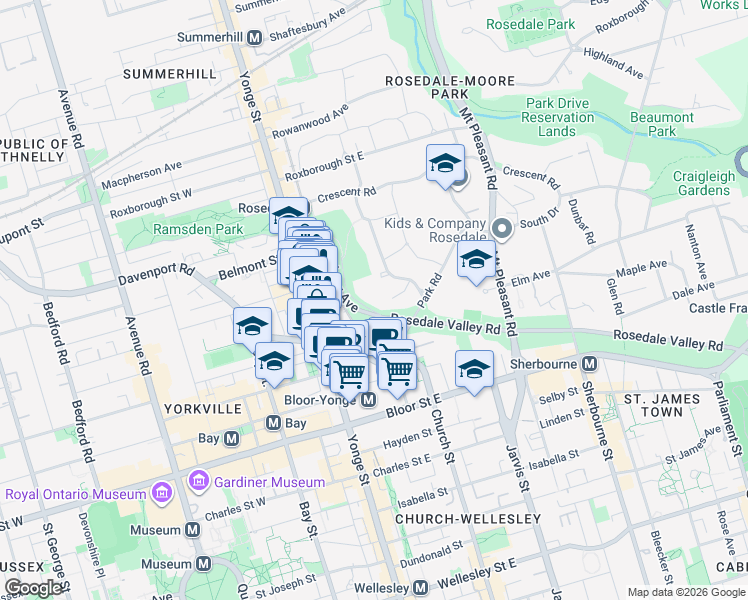 map of restaurants, bars, coffee shops, grocery stores, and more near 130 Rosedale Valley Road in Toronto