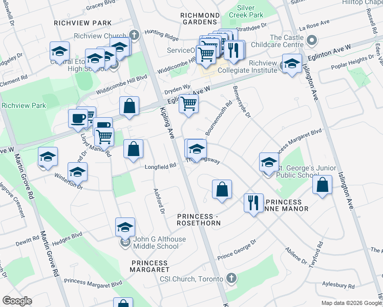 map of restaurants, bars, coffee shops, grocery stores, and more near 557 The Kingsway in Toronto