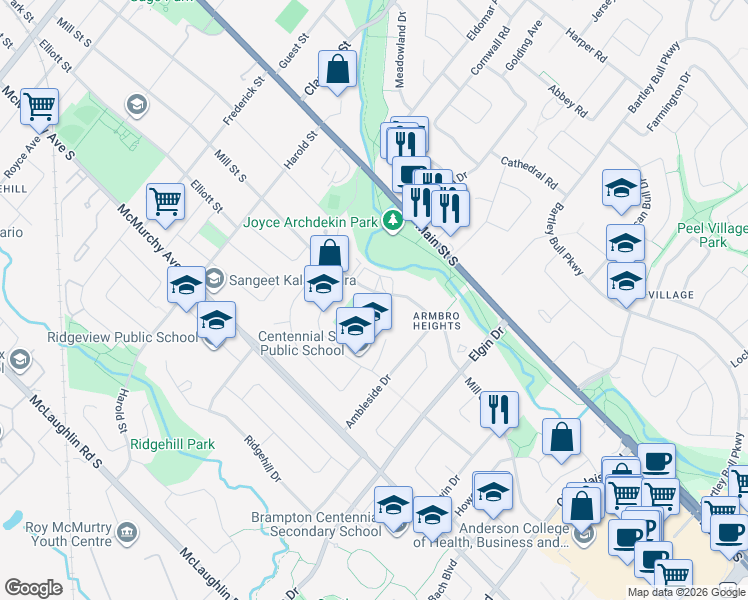 map of restaurants, bars, coffee shops, grocery stores, and more near 191 Mill Street South in Brampton