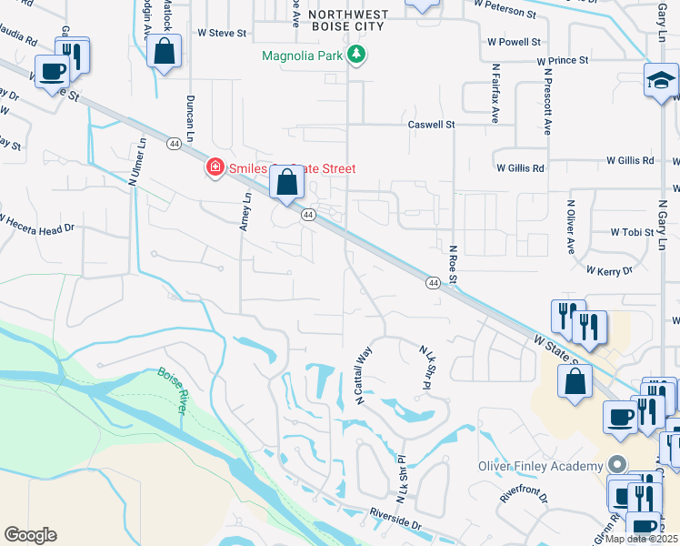 map of restaurants, bars, coffee shops, grocery stores, and more near 5885 North Bogart Lane in Garden City