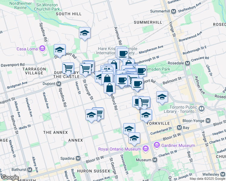map of restaurants, bars, coffee shops, grocery stores, and more near 287 Davenport Road in Toronto