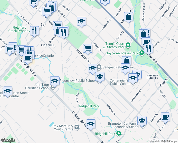 map of restaurants, bars, coffee shops, grocery stores, and more near in Brampton