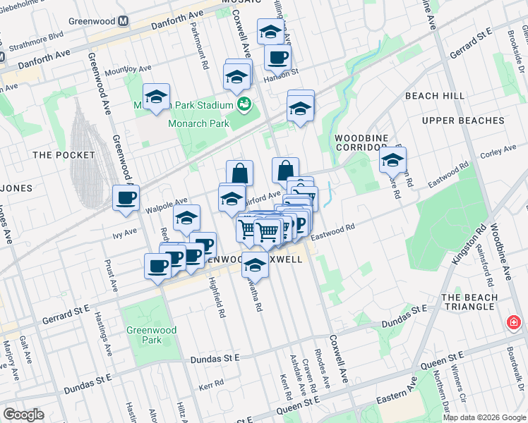 map of restaurants, bars, coffee shops, grocery stores, and more near 605 Craven Road in Toronto