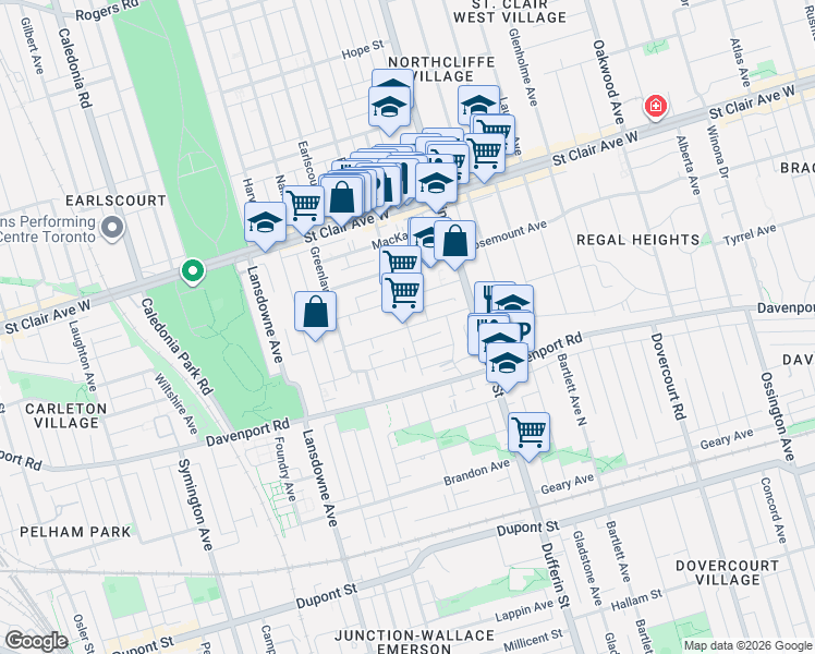 map of restaurants, bars, coffee shops, grocery stores, and more near Peterborough Avenue in Toronto