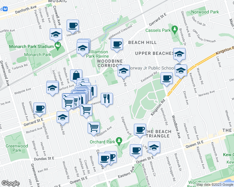 map of restaurants, bars, coffee shops, grocery stores, and more near 120 Eastwood Road in Toronto