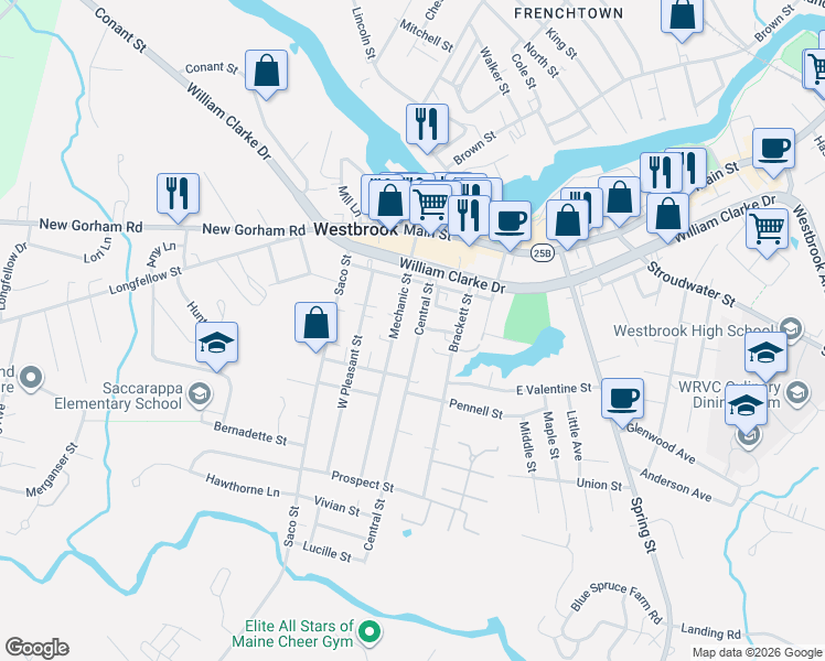 map of restaurants, bars, coffee shops, grocery stores, and more near 84 Mechanic Street in Westbrook