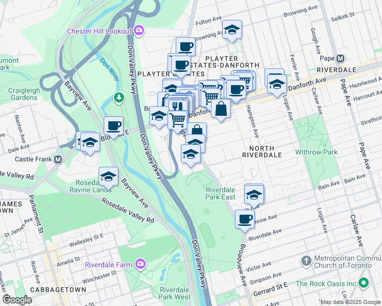 map of restaurants, bars, coffee shops, grocery stores, and more near 672 Broadview Avenue in Toronto