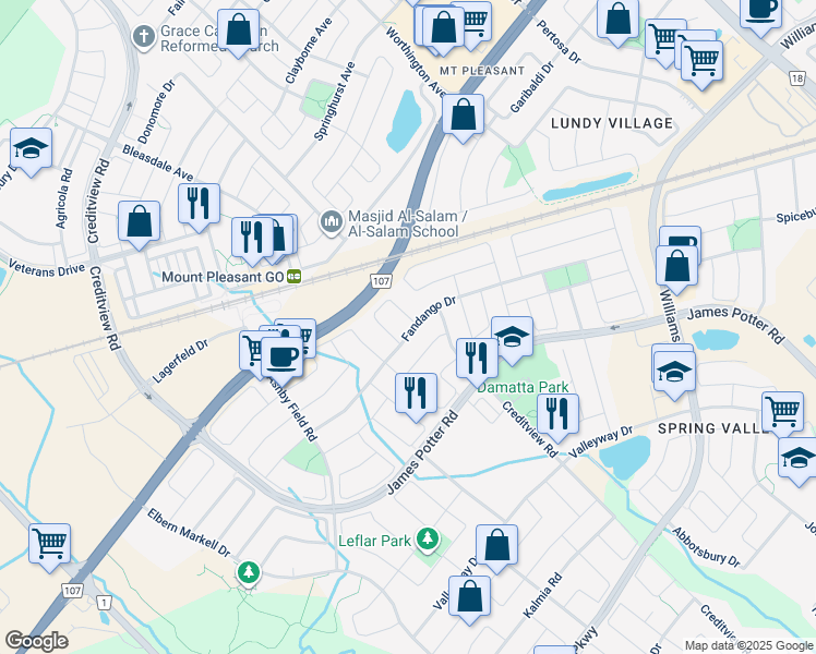 map of restaurants, bars, coffee shops, grocery stores, and more near 140 Fandango Drive in Brampton
