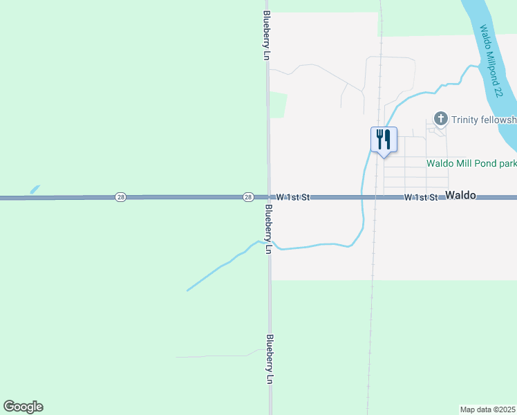 map of restaurants, bars, coffee shops, grocery stores, and more near N3678 Blueberry Lane in Waldo