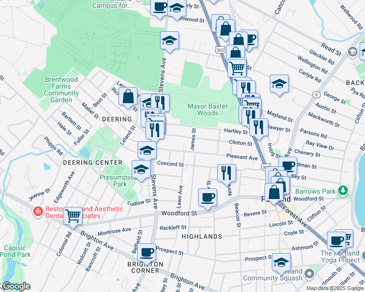 map of restaurants, bars, coffee shops, grocery stores, and more near 159 Pleasant Avenue in Portland