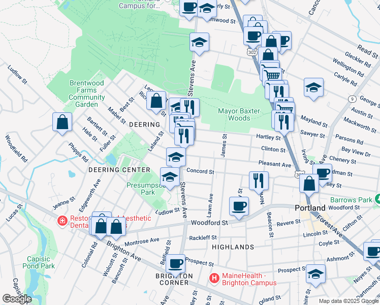 map of restaurants, bars, coffee shops, grocery stores, and more near 195 Pleasant Avenue in Portland