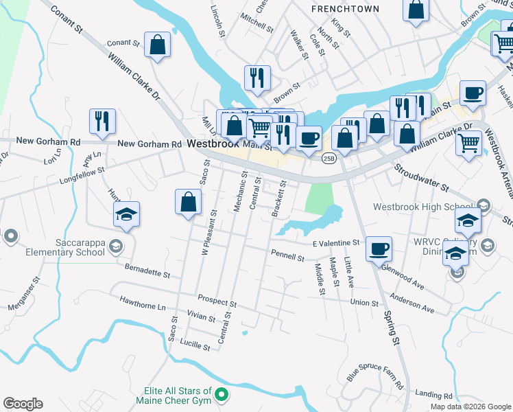map of restaurants, bars, coffee shops, grocery stores, and more near 12 Butler Court in Westbrook