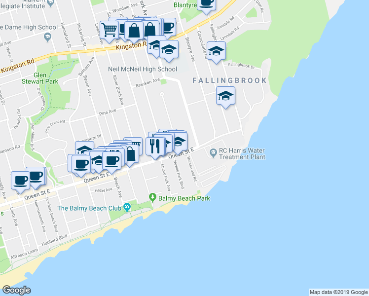 map of restaurants, bars, coffee shops, grocery stores, and more near 2511 Queen Street East in Toronto
