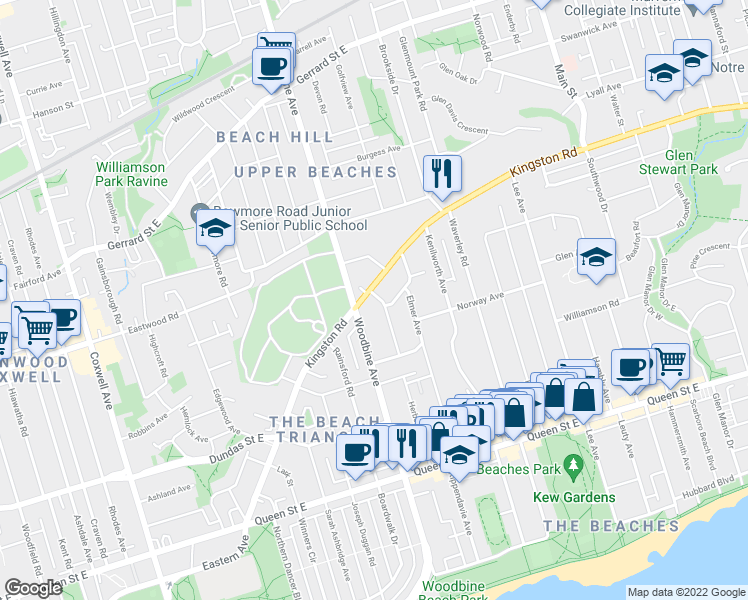 map of restaurants, bars, coffee shops, grocery stores, and more near in Toronto