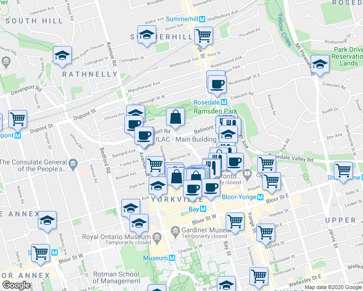map of restaurants, bars, coffee shops, grocery stores, and more near in Toronto