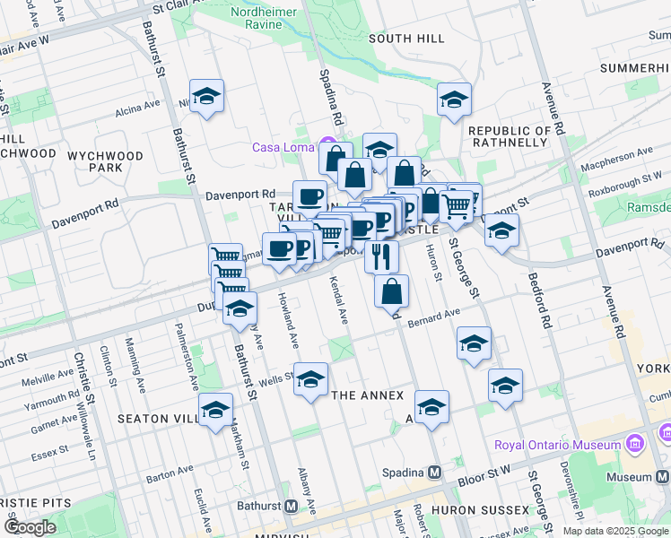 map of restaurants, bars, coffee shops, grocery stores, and more near 98 Kendal Avenue in Toronto