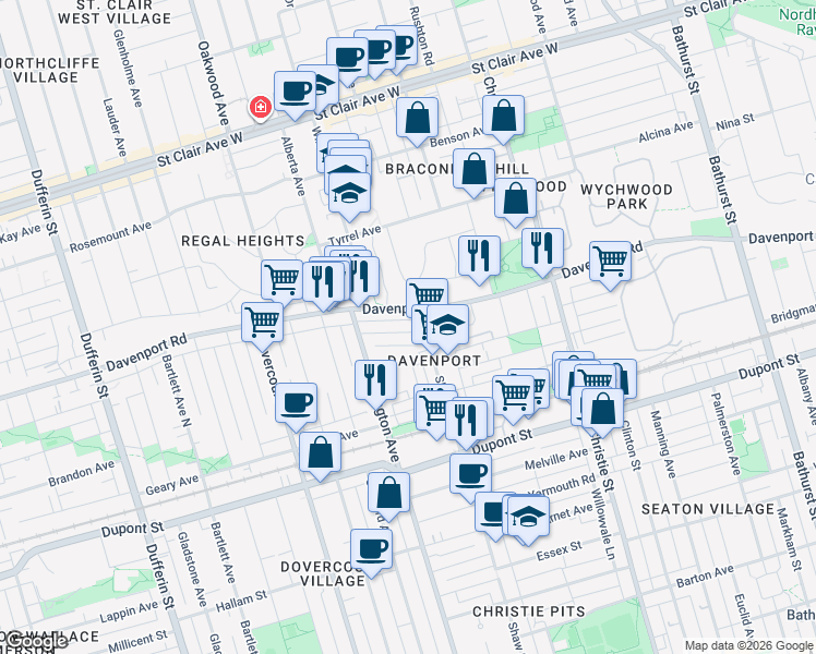 map of restaurants, bars, coffee shops, grocery stores, and more near in Toronto