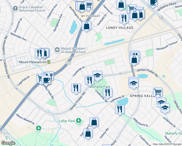 map of restaurants, bars, coffee shops, grocery stores, and more near 7 Dalia Street in Brampton