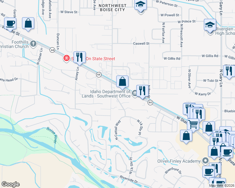 map of restaurants, bars, coffee shops, grocery stores, and more near 6072 North Lake Shore Way in Garden City