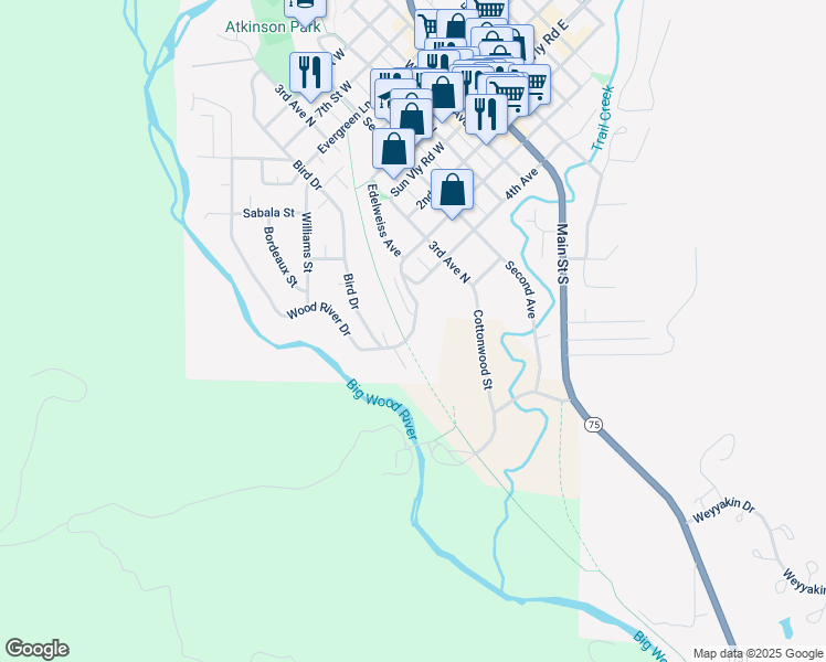 map of restaurants, bars, coffee shops, grocery stores, and more near 209 Wood River Drive in Ketchum