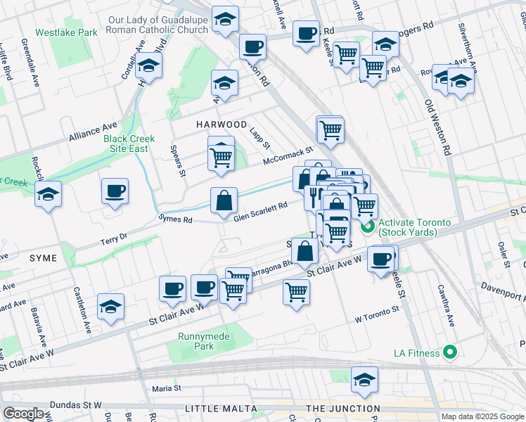 map of restaurants, bars, coffee shops, grocery stores, and more near Glen Scarlett Road in Toronto