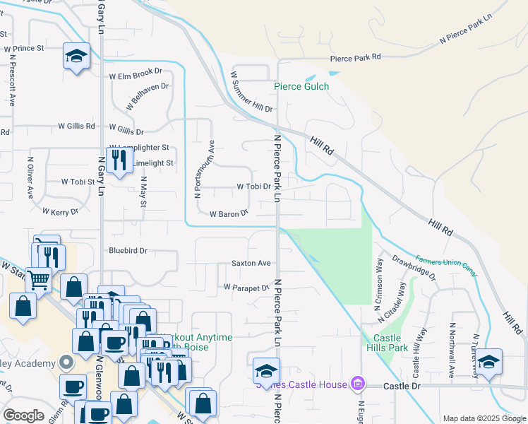 map of restaurants, bars, coffee shops, grocery stores, and more near 59015923 North Pierce Park Lane in Boise