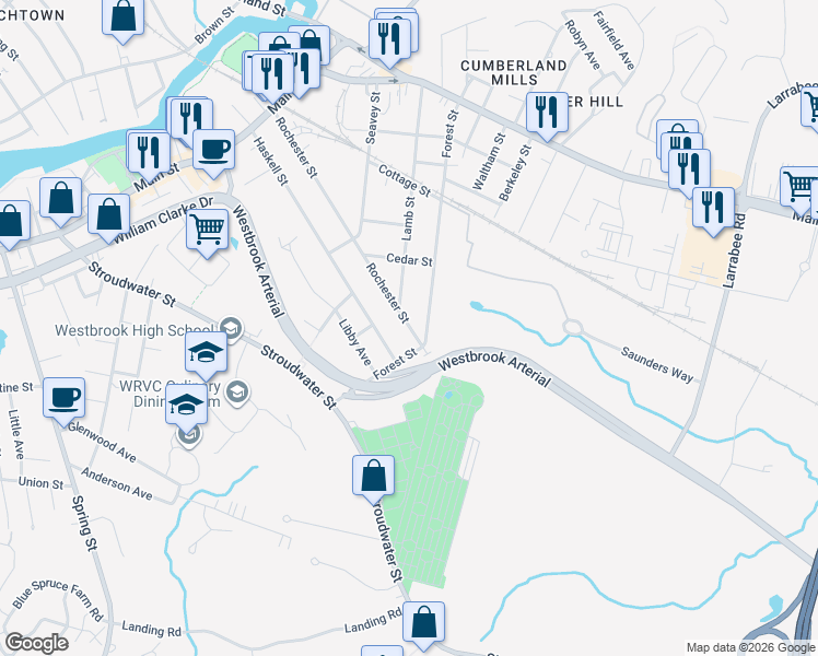 map of restaurants, bars, coffee shops, grocery stores, and more near 205 Rochester Street in Westbrook