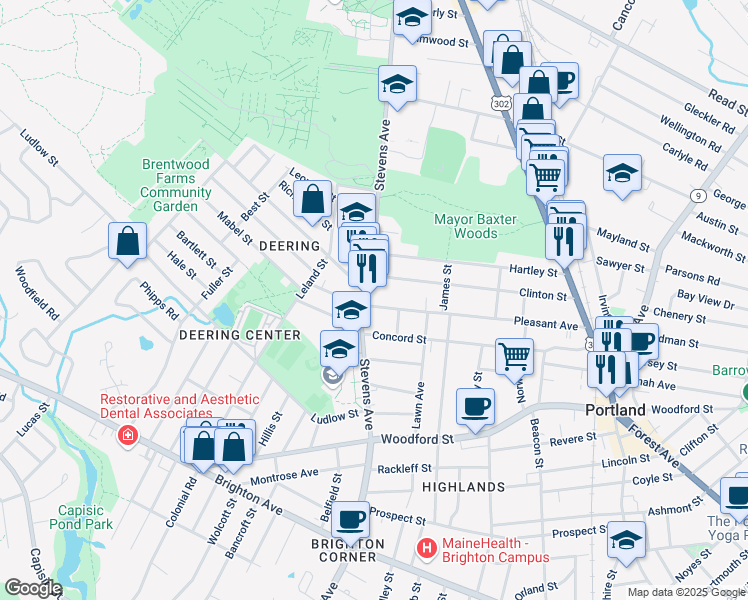 map of restaurants, bars, coffee shops, grocery stores, and more near 195 Pleasant Avenue in Portland