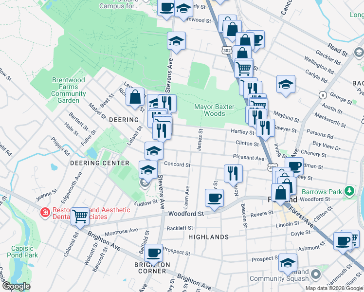 map of restaurants, bars, coffee shops, grocery stores, and more near 159 Pleasant Avenue in Portland