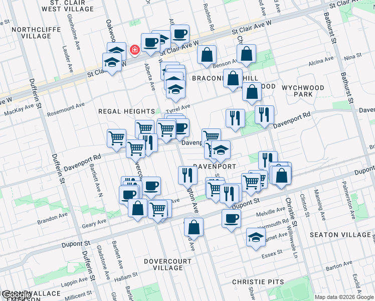map of restaurants, bars, coffee shops, grocery stores, and more near in Toronto