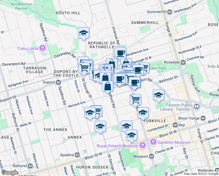 map of restaurants, bars, coffee shops, grocery stores, and more near 287 Davenport Road in Toronto