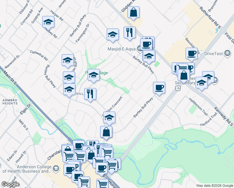 map of restaurants, bars, coffee shops, grocery stores, and more near 69 Lockton Crescent in Brampton