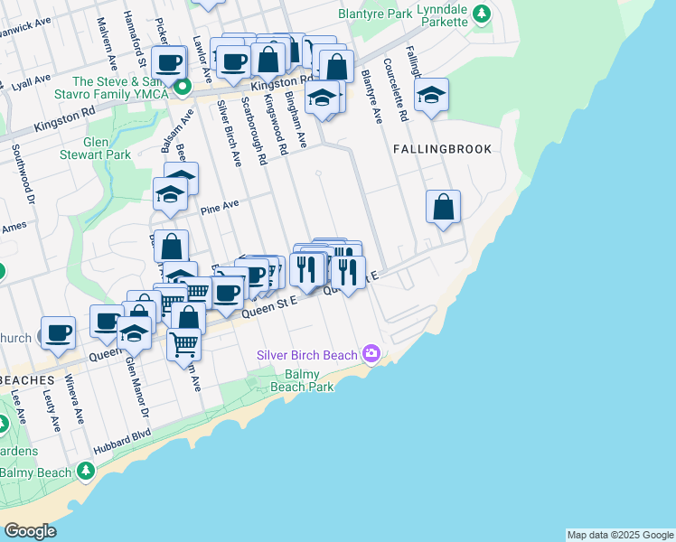 map of restaurants, bars, coffee shops, grocery stores, and more near 92 Neville Park Boulevard in Toronto