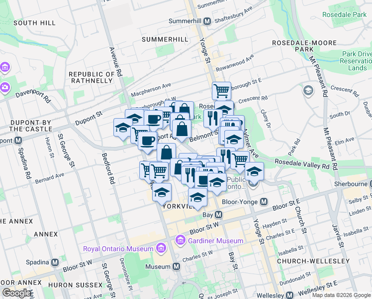 map of restaurants, bars, coffee shops, grocery stores, and more near 117 Davenport Road in Toronto