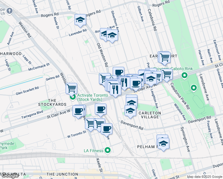 map of restaurants, bars, coffee shops, grocery stores, and more near 383 Old Weston Road in Toronto