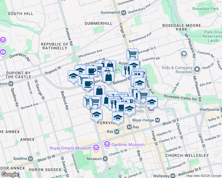 map of restaurants, bars, coffee shops, grocery stores, and more near in Toronto