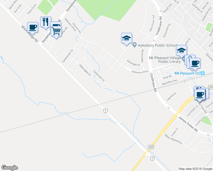 map of restaurants, bars, coffee shops, grocery stores, and more near 91 Tysonville Circle in Brampton