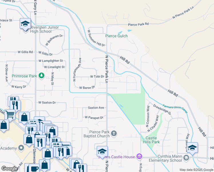 map of restaurants, bars, coffee shops, grocery stores, and more near 6385 West Baron Lane in Boise