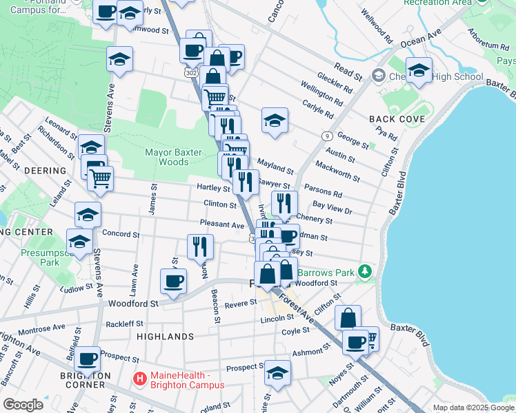 map of restaurants, bars, coffee shops, grocery stores, and more near 745 Forest Avenue in Portland
