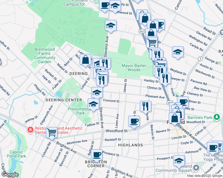 map of restaurants, bars, coffee shops, grocery stores, and more near 159 Pleasant Avenue in Portland