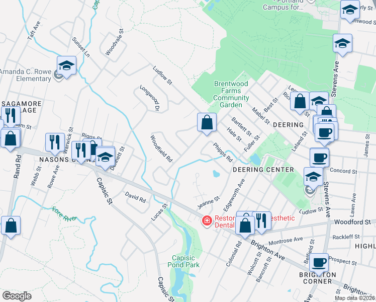 map of restaurants, bars, coffee shops, grocery stores, and more near 89 Phipps Road in Portland